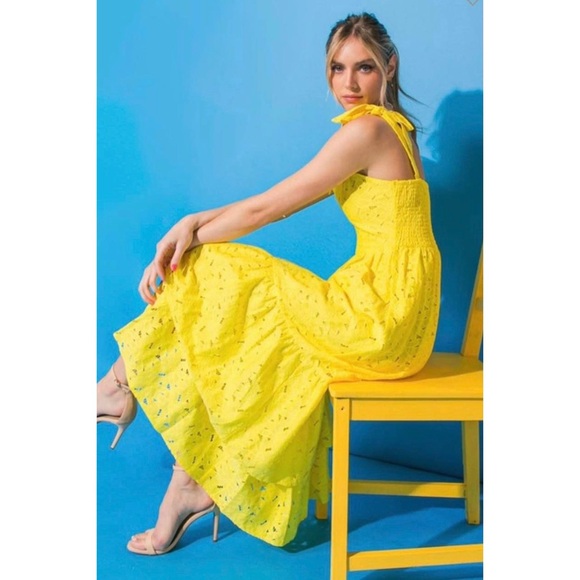 Flying Tomato Sunny Yellow Floral Eyelet Double Ruffle Maxi Dress - Picture 5 of 13